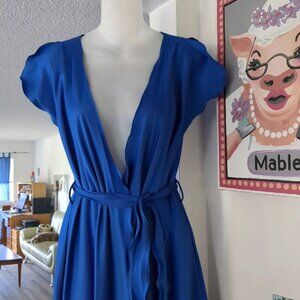 💕 Vintage GEOGETTE TRABOLSI 💕 ROYAL BLUE SATIN Belted Wrap LONG Robe